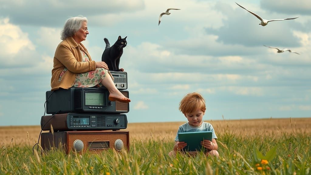 Elderly Woman Contemplates Seaside Horizon with Vintage Radi...