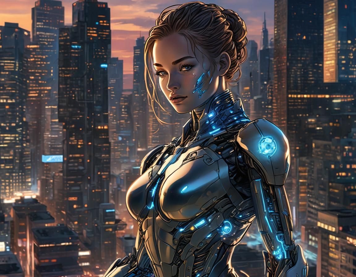 Female Cyborg Portrait in Comic Book Style