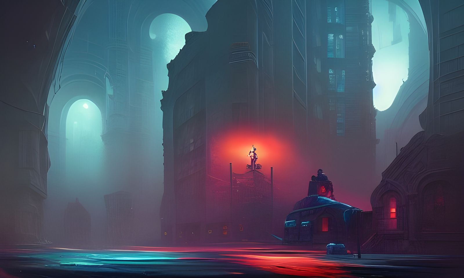 Futuristic Bank Robbery: Ominous Oil Painting