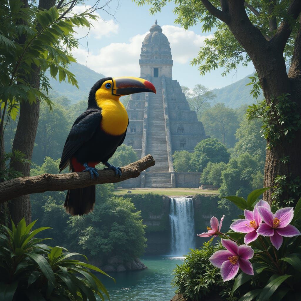 Vibrant Jungle Oasis with Ancient Temple and Exotic Blooms