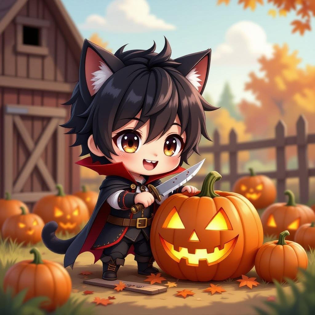 Chibi Vampire Catboy Carves Pumpkin in Cozy Autumn Scene
