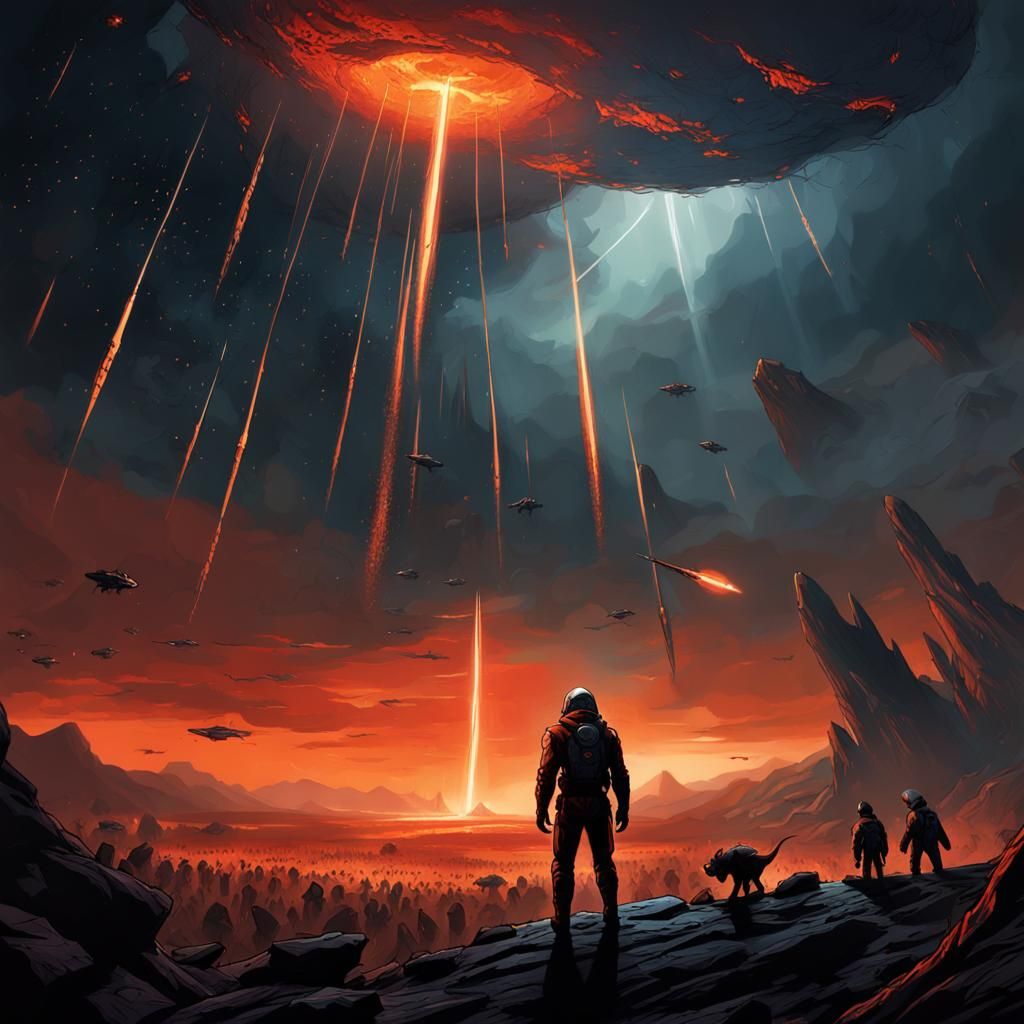 Meteor Shower and Alien Invasion in Dark Fantasy Style