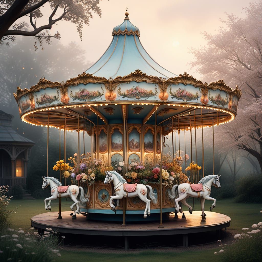 Vintage Carousel Fantasy Watercolor Painting
