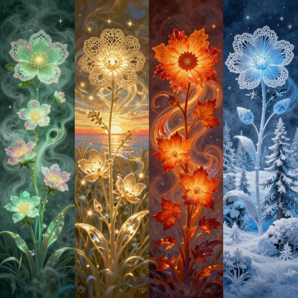 Four Luminous Lace Flowers Representing Seasons