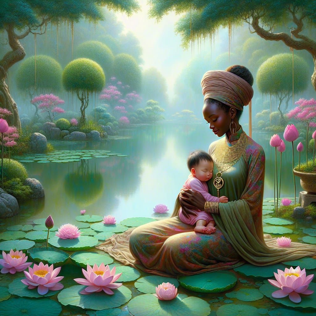 Mother's Love by Lotus Pond: A Hyperrealistic Scene