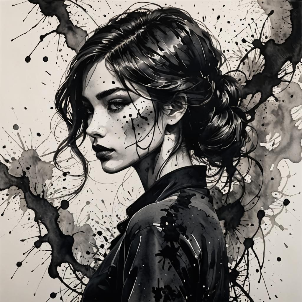 Ink Portrait with Shadowed Contours in Ink Painting Style