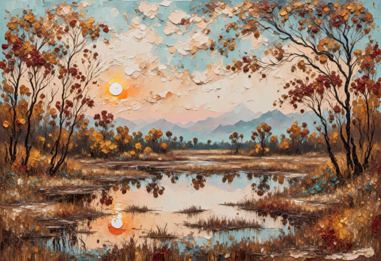 Muted Autumn Pond Landscape in Impasto Style