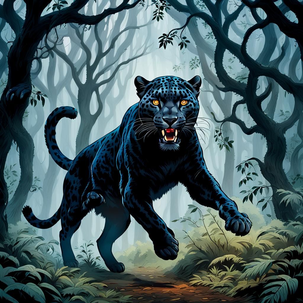 Black Leopard Ambush in Misty Forest, 3D Digital Art