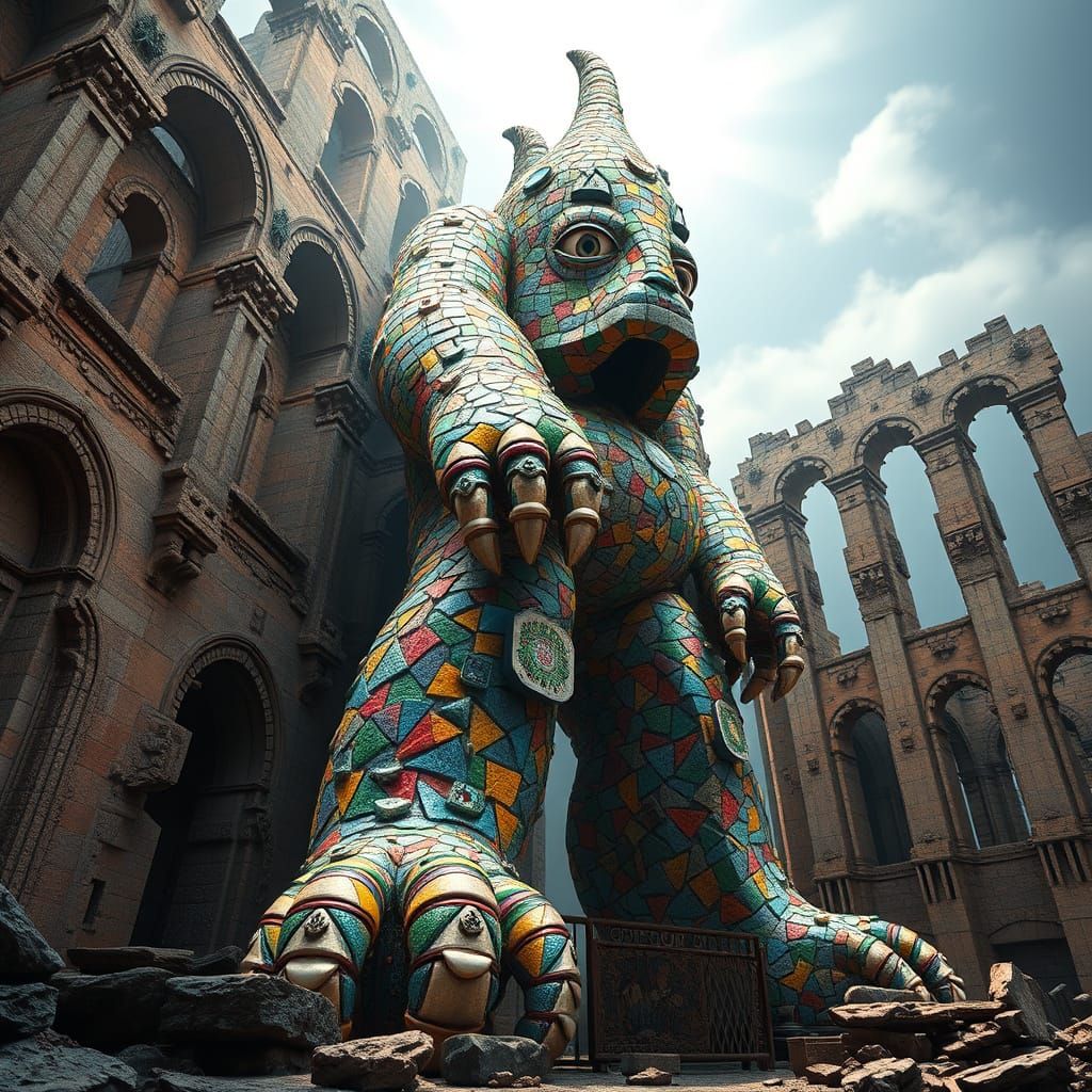 Gaudí-Inspired Colossal Beast Emerges from Ancient Ruins