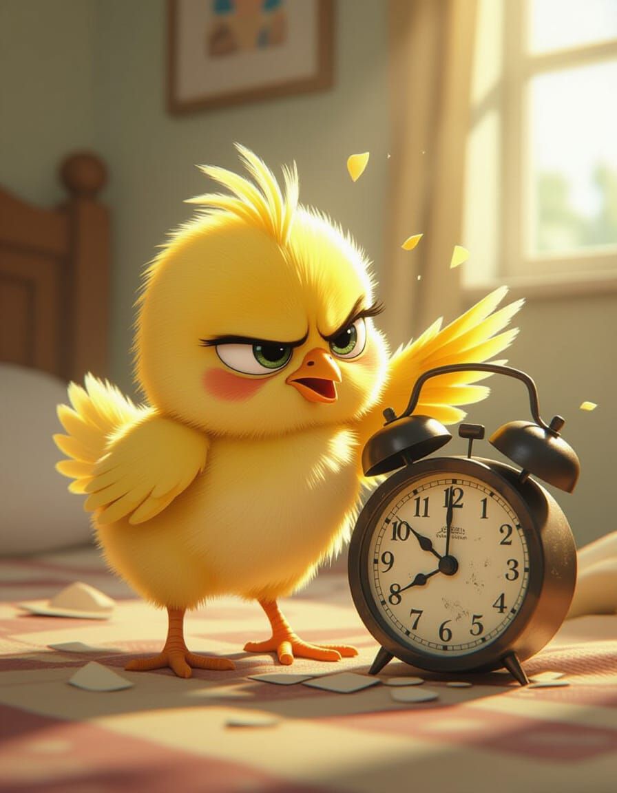 Grumpy Chick Smashing Alarm Clock, Cartoon Style