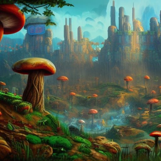 Post-Apocalyptic Mushroom Kingdom: Detailed Matte Painting