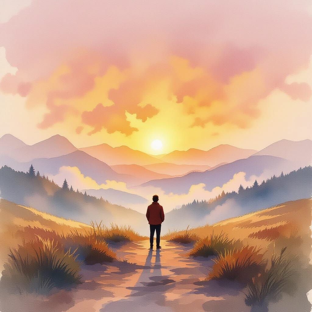 Hopeful Dawn Over Shimmering Mountains in Watercolor Style