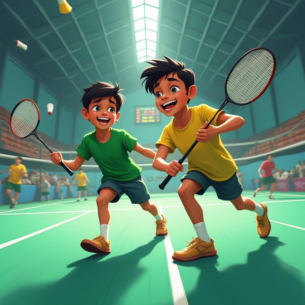 Twin Boys Play Badminton with Joyful Competition