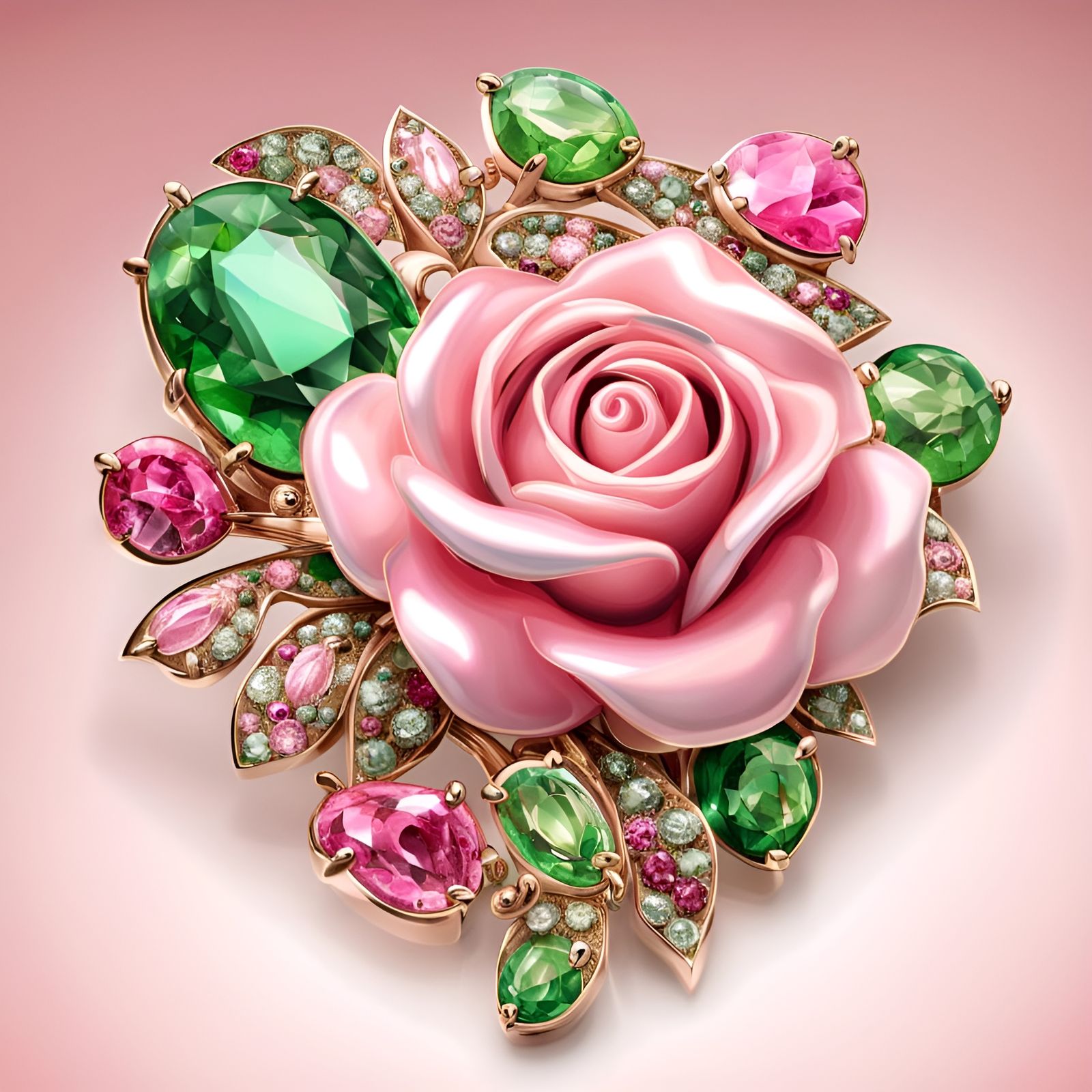 Pink and Green Rose Gemstone Brooch