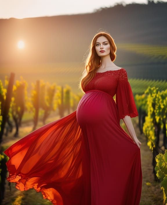 Beautiful, pregnant redhead in a flowing red dress in a Portuguese vineyard