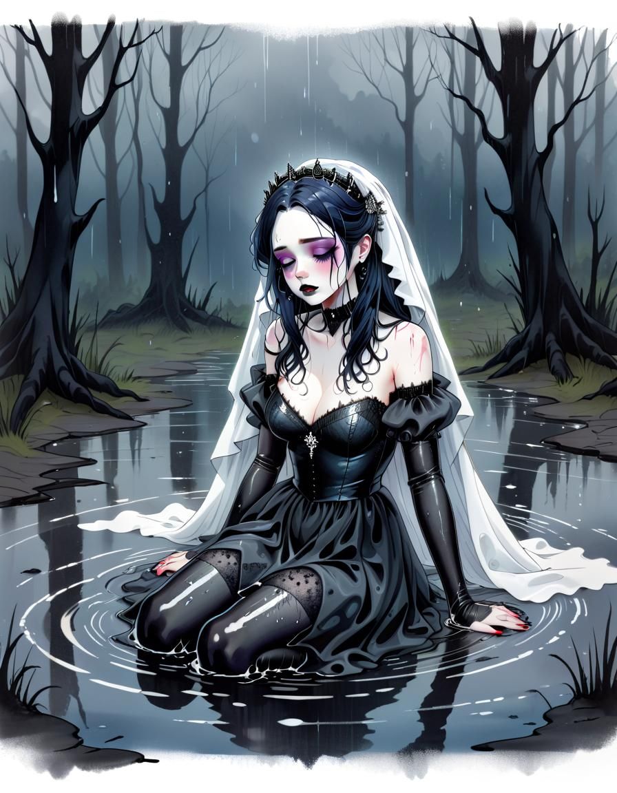 Heartbroken Goth Bride in Rain, Alcohol Ink Illustration