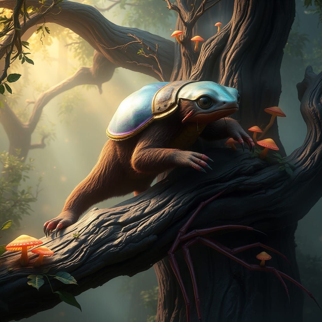 Sloth-Spider Axolotl Hybrid Perched on Ancient Tree Branch