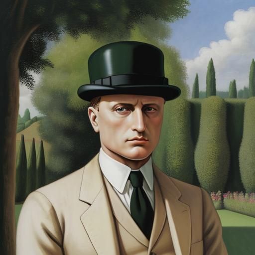 Mussolini in Surreal English Garden, Magritte Style