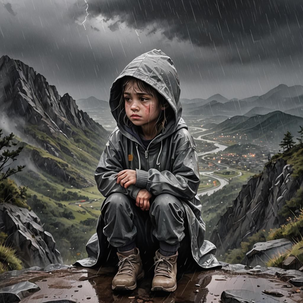 Girl Crying in Rain: Detailed Matte Watercolor