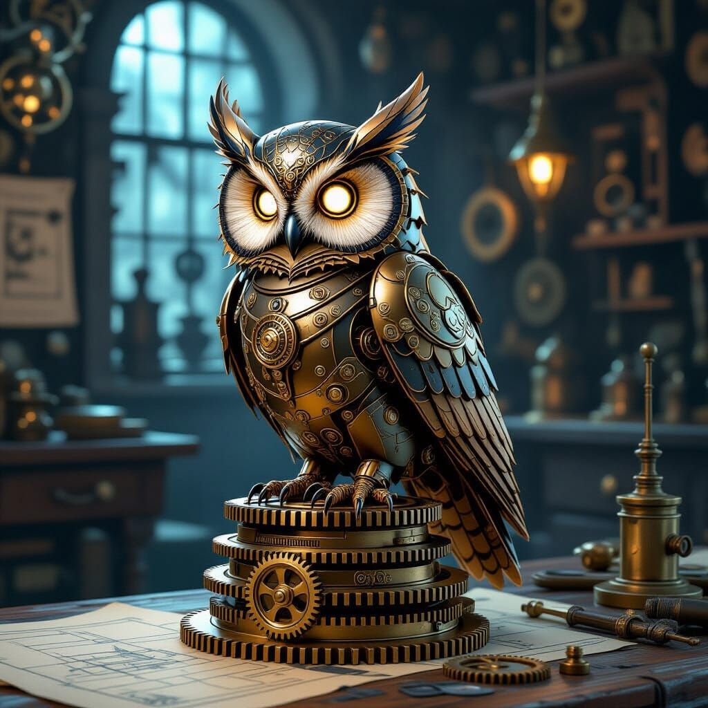 Steampunk Mechanical Owl With Glowing Eyes