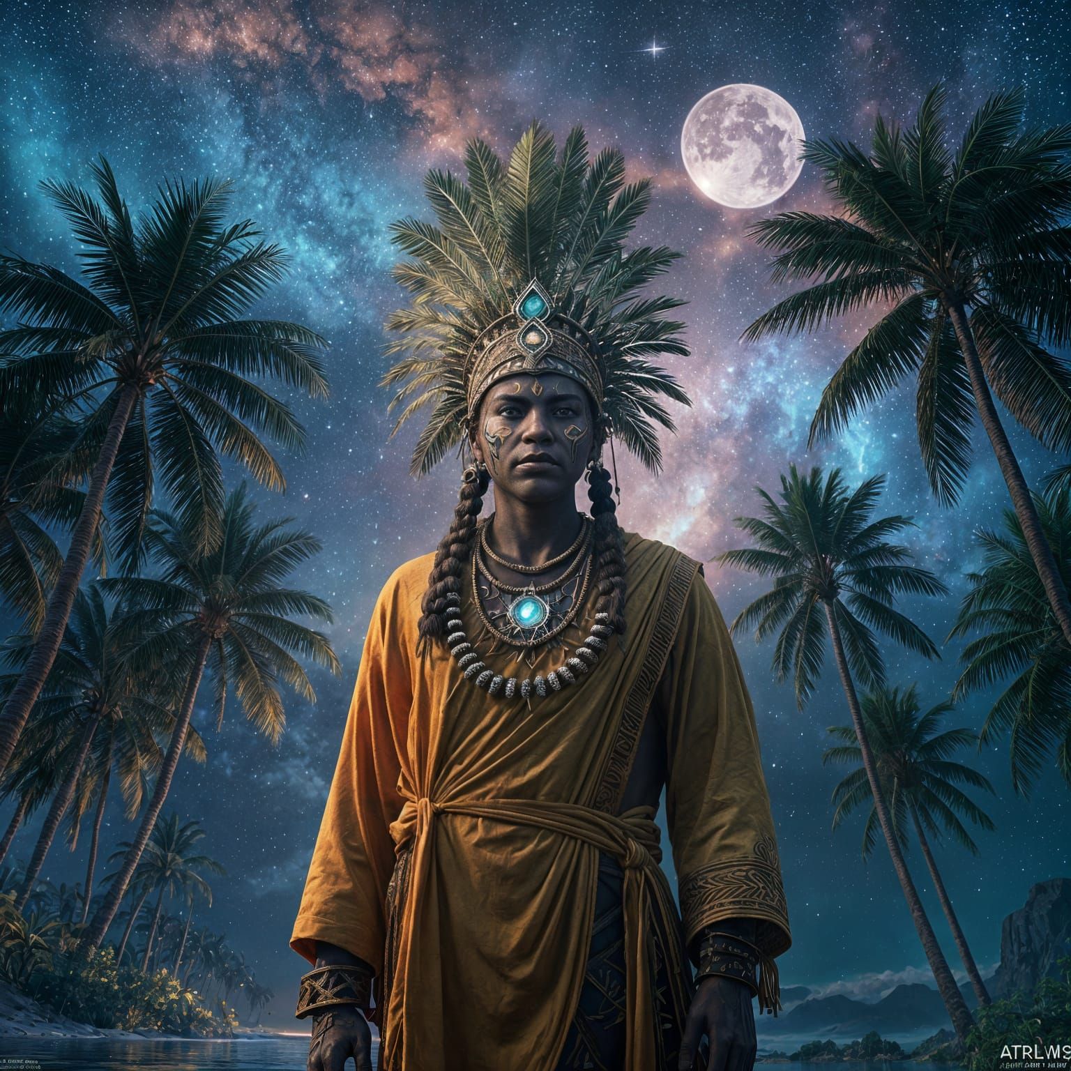 palm trees on a island with a night sky view of the galaxy of bright neon starts with a tribal chief with face tattoos