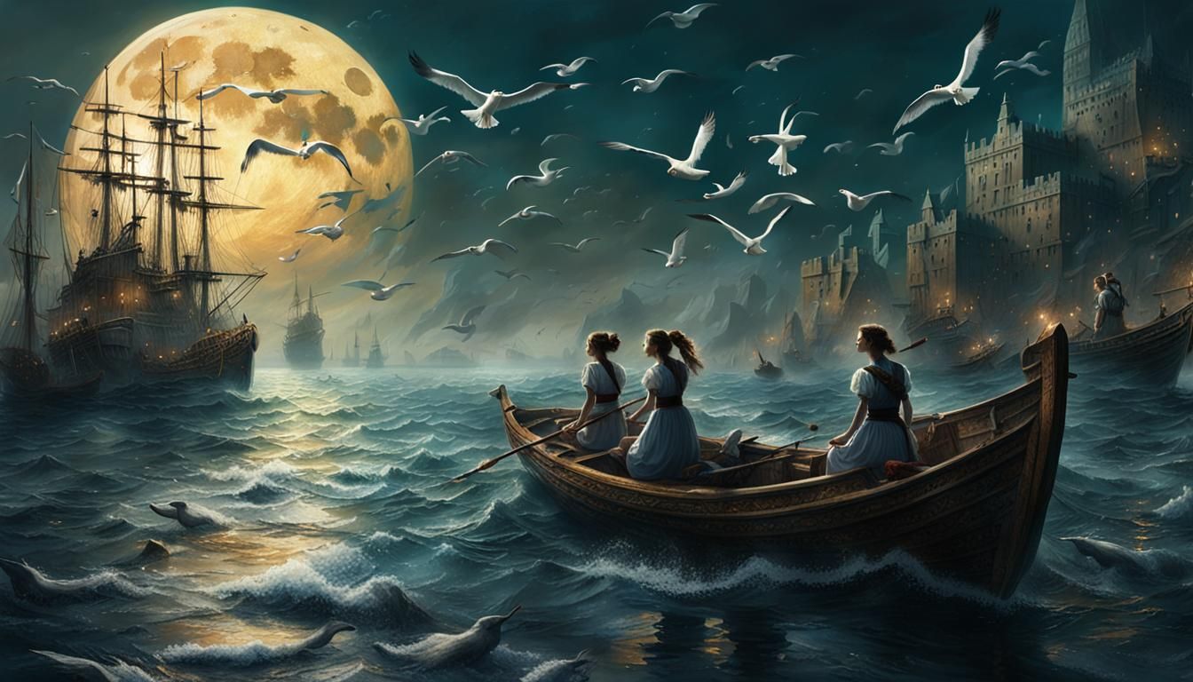 Seascape Matte Painting with Figures and Cork Boats