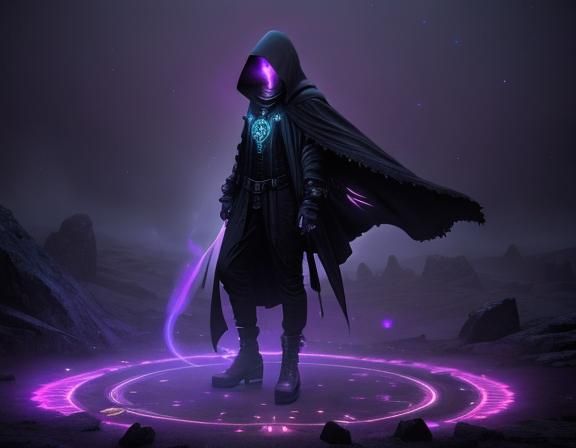 Hooded Figure in Dark Fantasy Landscape, Digital Art