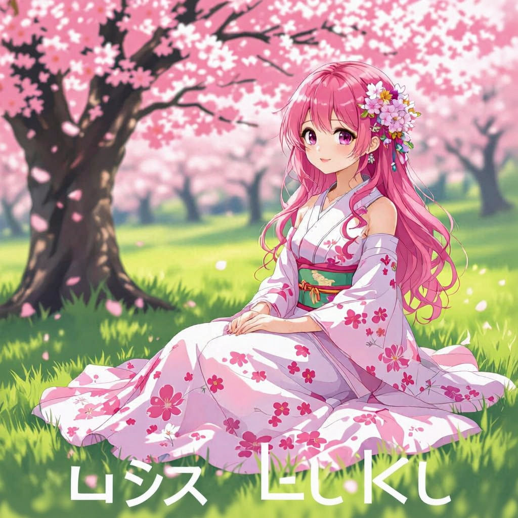Anime Girl in Cherry Blossom Dress, Murakami-Amano Style