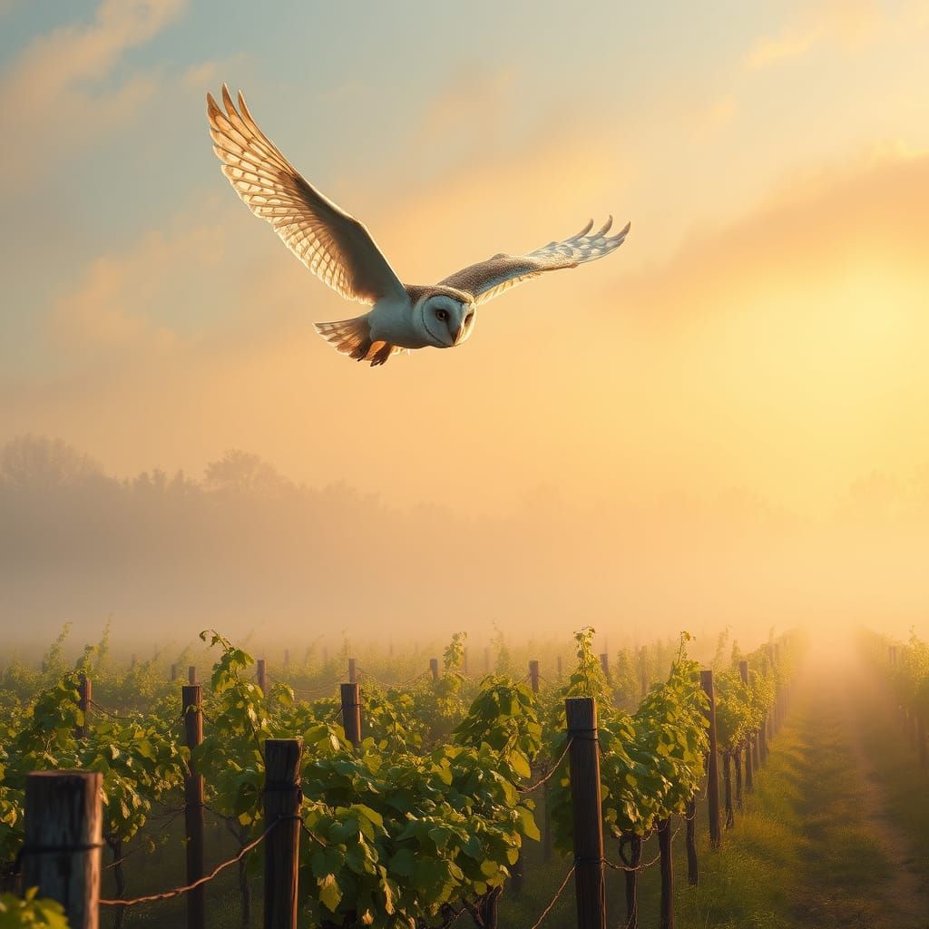 Barn Owl in Lush Vineyard Landscape at Dusk