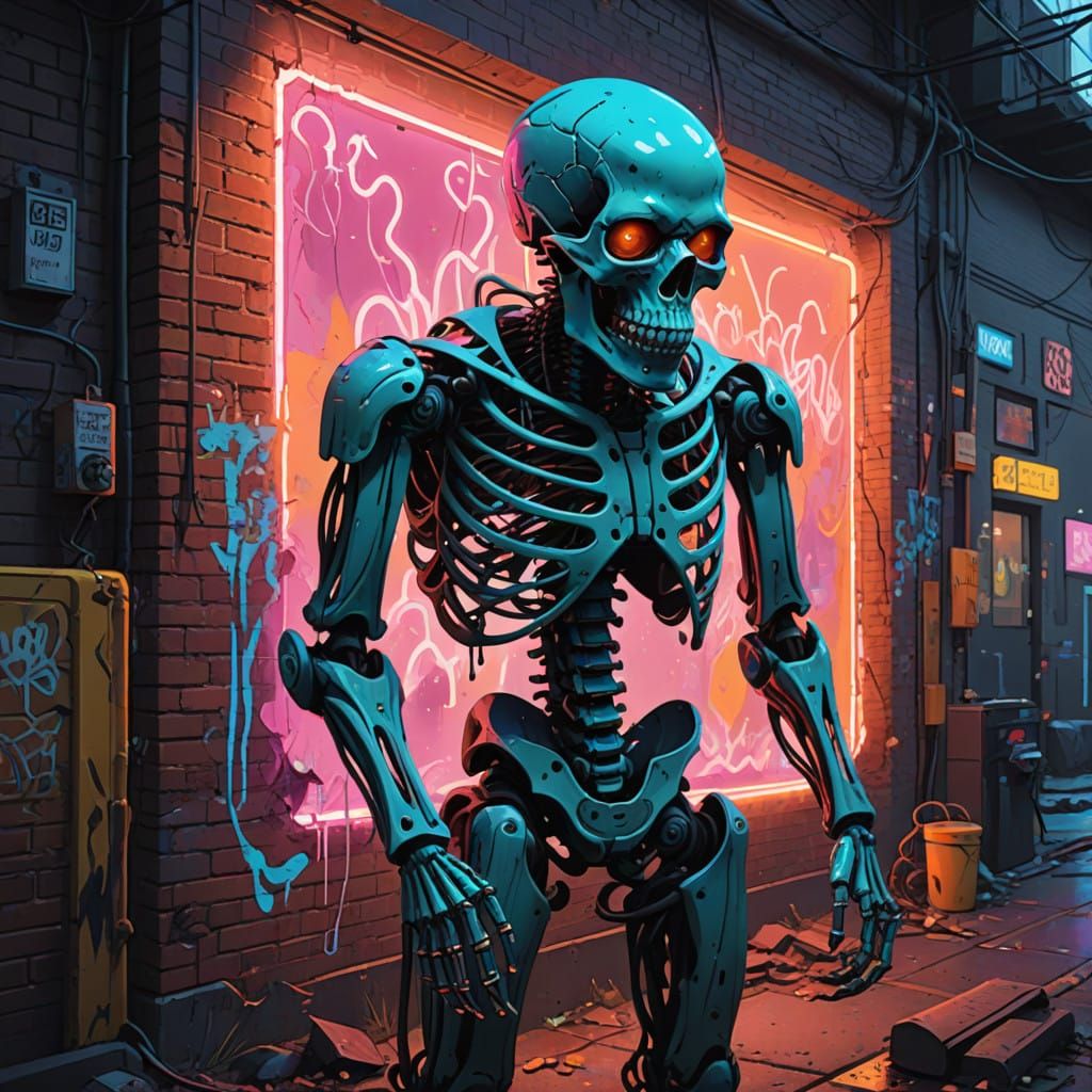 Graffiti Art Skeleton with Neon Glow in Urban Landscape