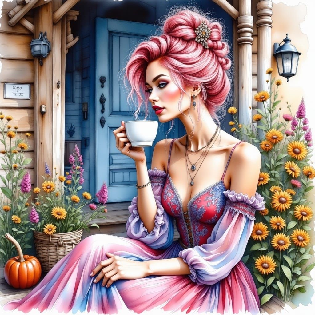 <lora:PaintingsFlux:1.0> A stunning woman , pink hair, bun, in a pink and blue dress drinking coffee on the landing of a...
