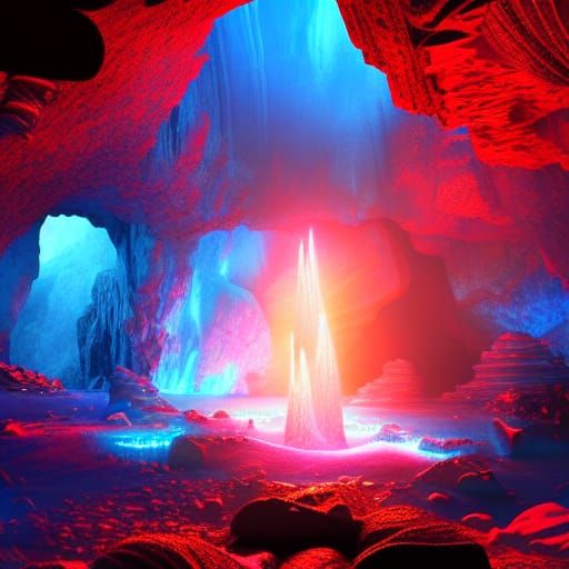 Glowing Red Crystal Cave: Digital Matte Painting