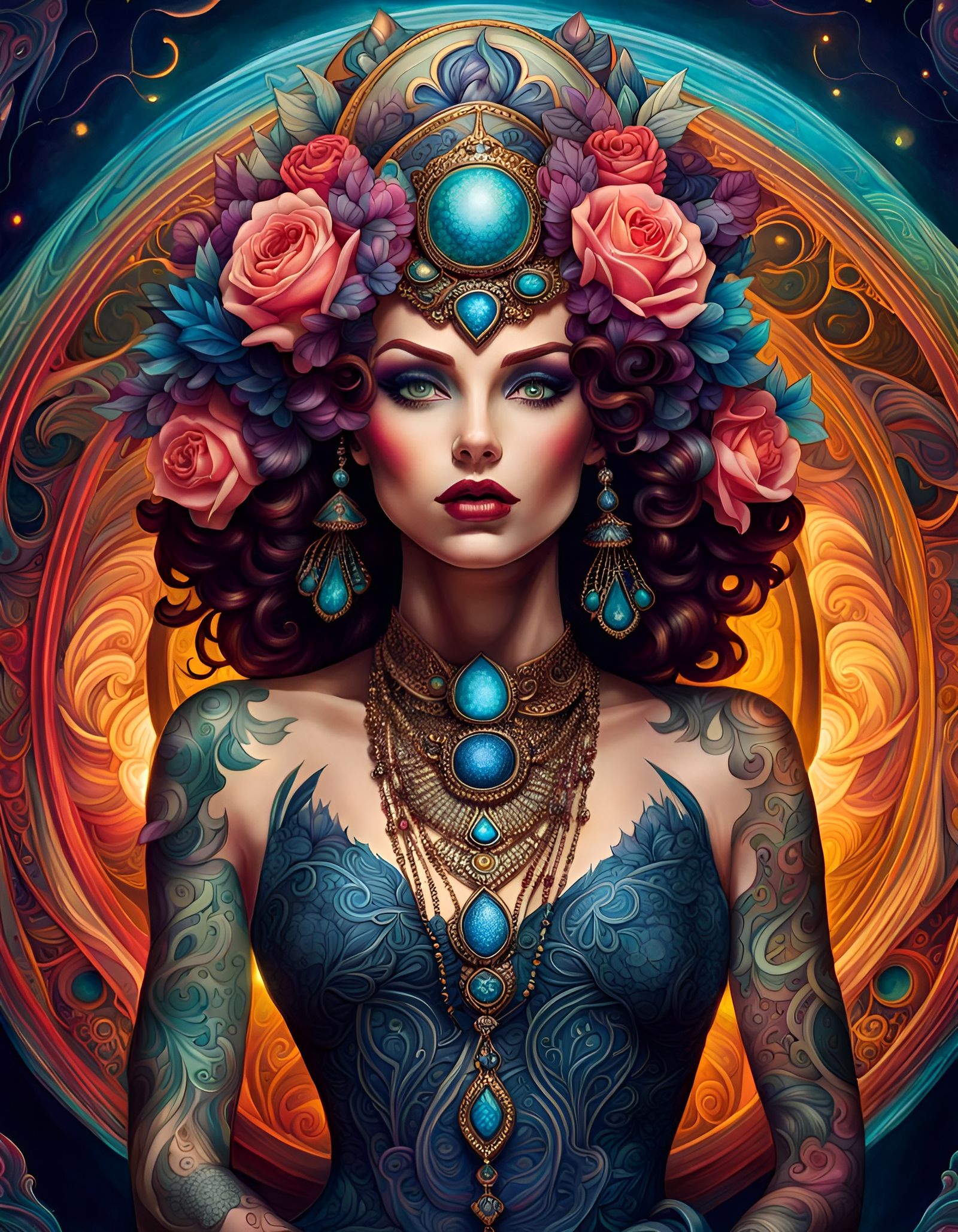 Tattooed Woman: Hyperrealistic Digital Art Portrait