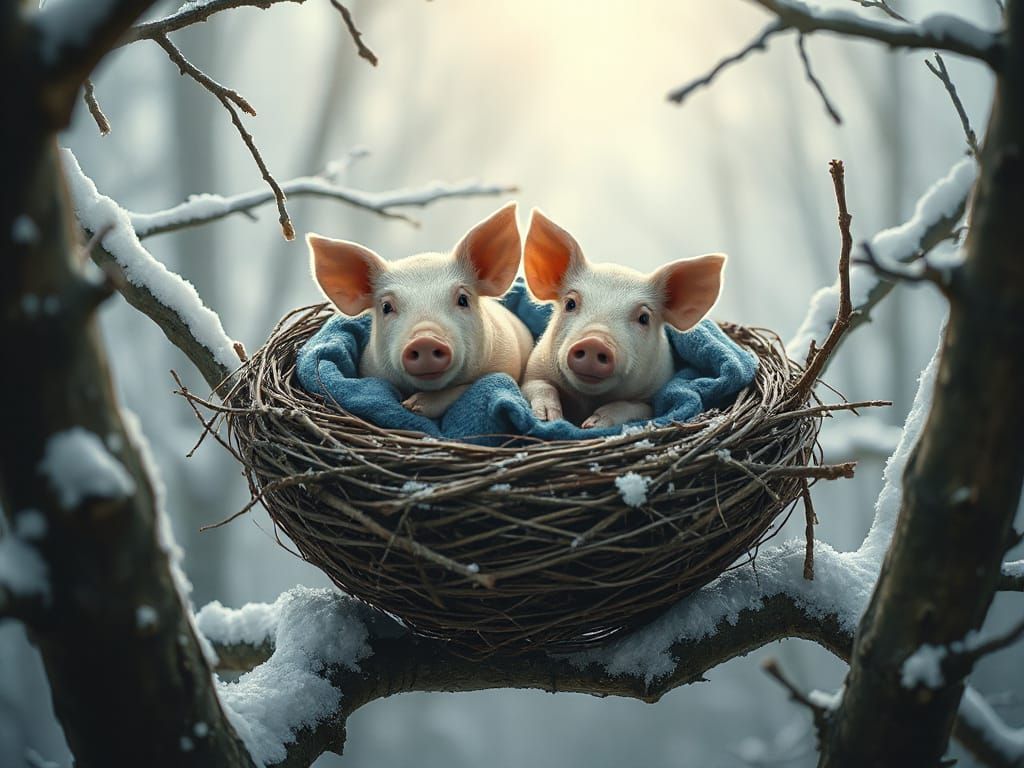 Pigs Under Blanket In Snowy Nest