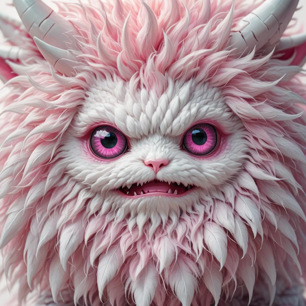 Cute White Monster with Pink Eyes, Kawaii Style