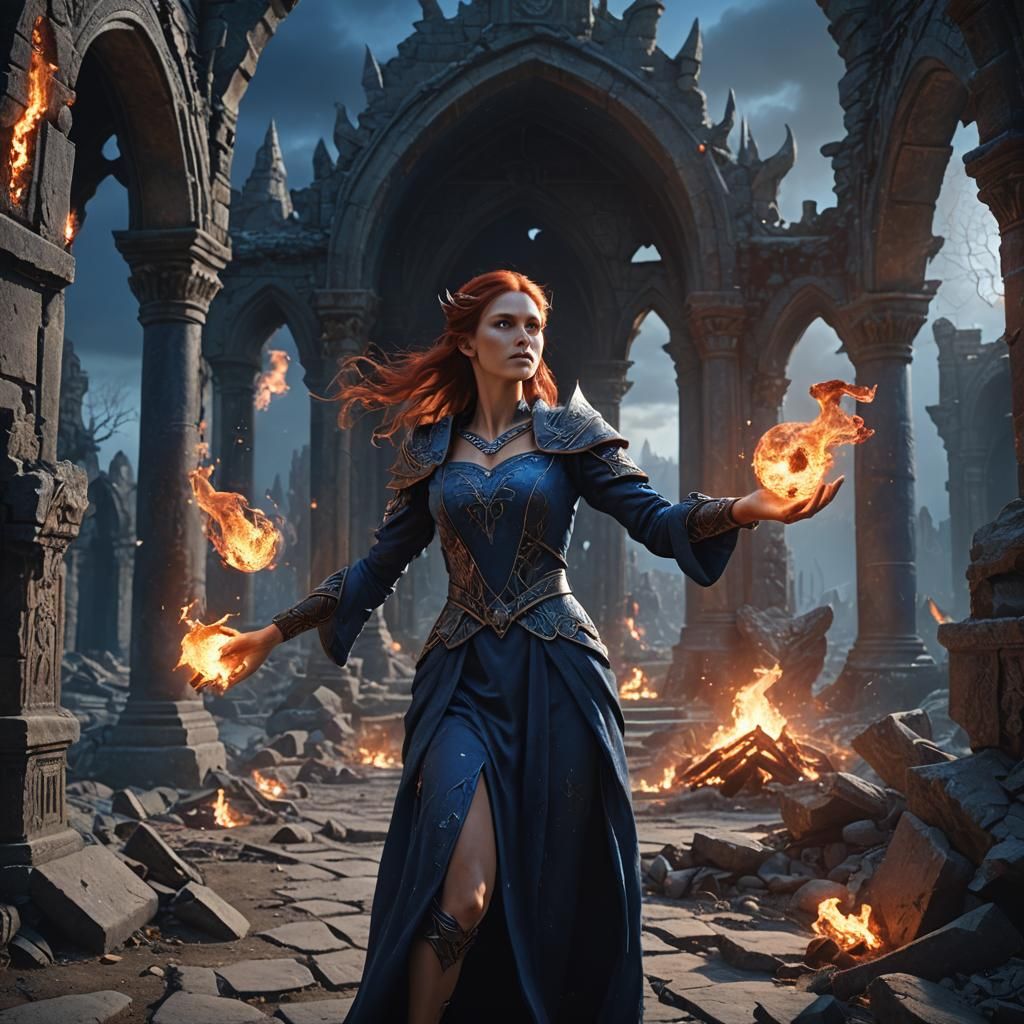 Sorceress Battles Monsters in Elven Ruins: Fantasy Art