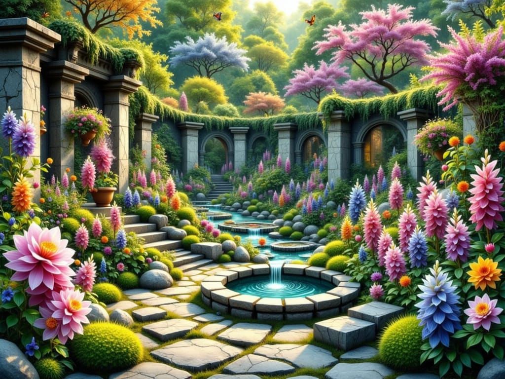 Fantasy Garden with Flowers, Moss and Stone Walls