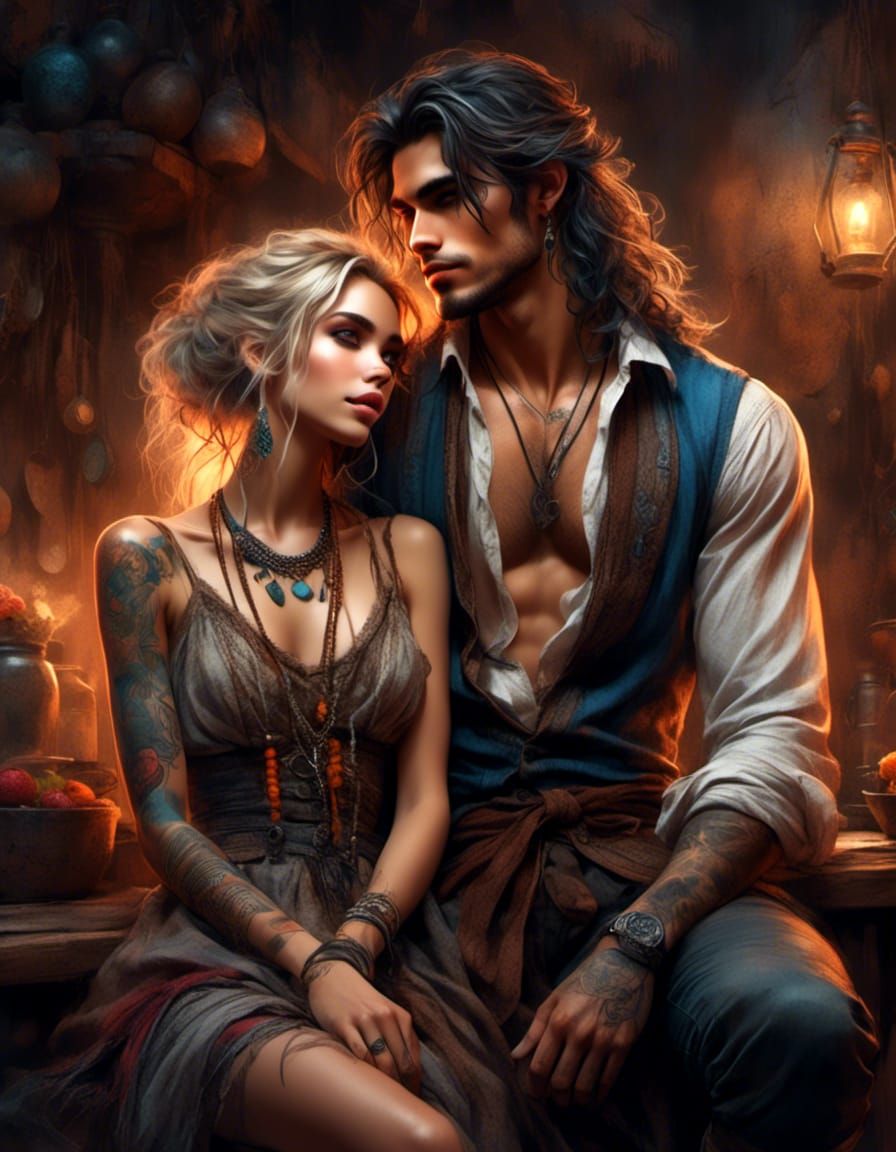 Bohemian Couple Portrait in Anime Comic Style