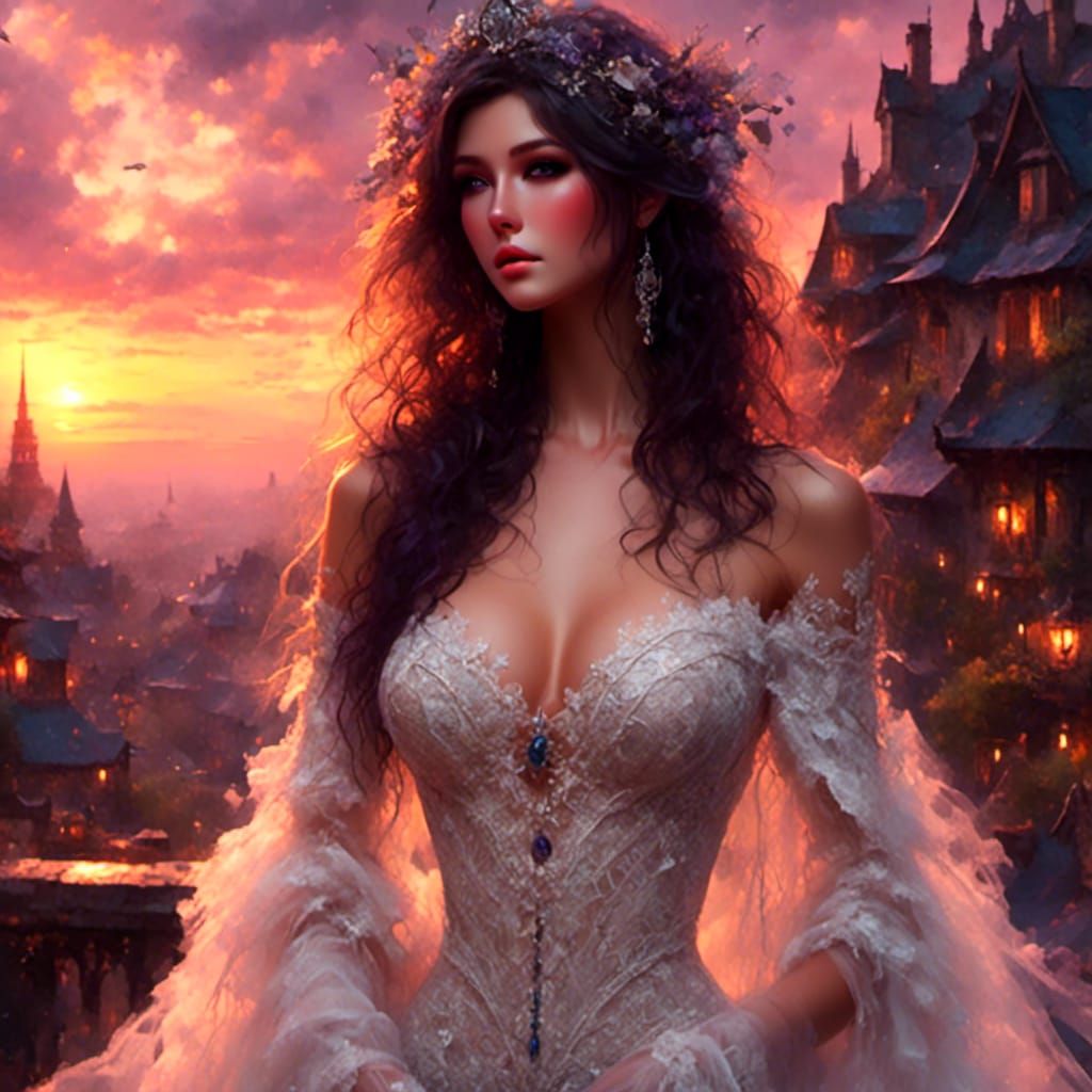 Anime Bride in Flowing Dress at Sunset