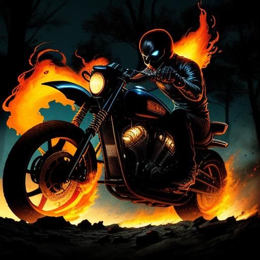 Ghost Rider in Fiery Motorcycle Chase Through Dark Landscape