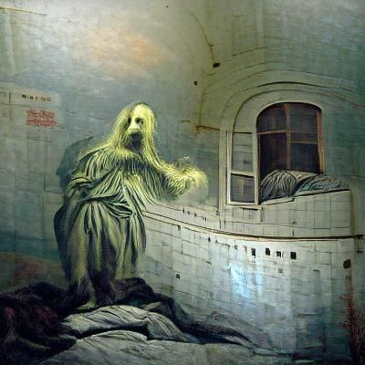 Haunted Alcatraz Prison Ghost in Dark Engraving Style