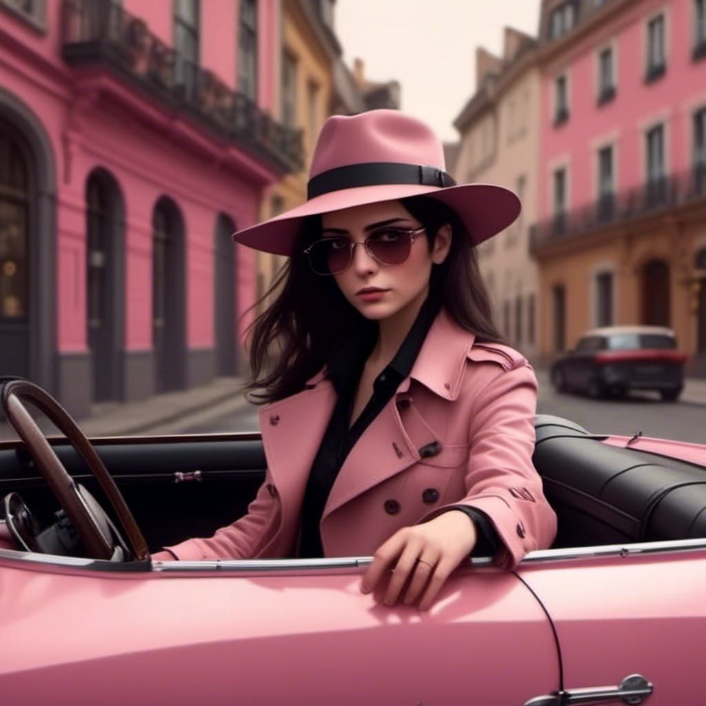 Private Investigator Driving a Pink Convertible, Hyperdetail...
