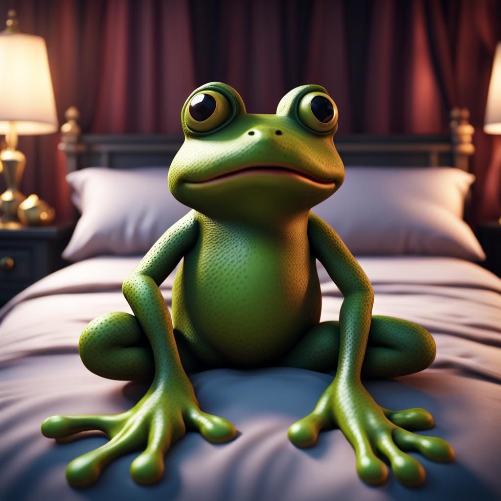 Plush Frog on Bed: Detailed Matte Painting