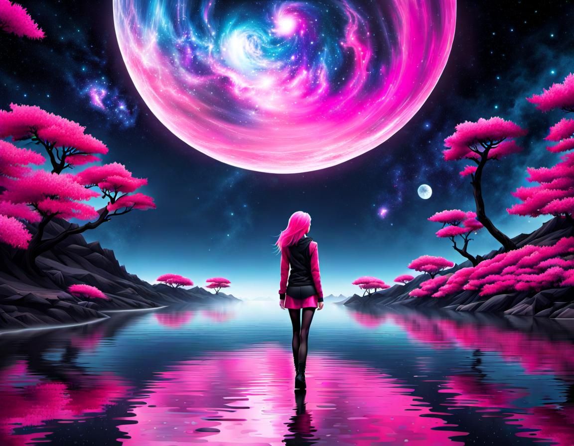 Cosmic Pink Moon Emerging from Black Chaos