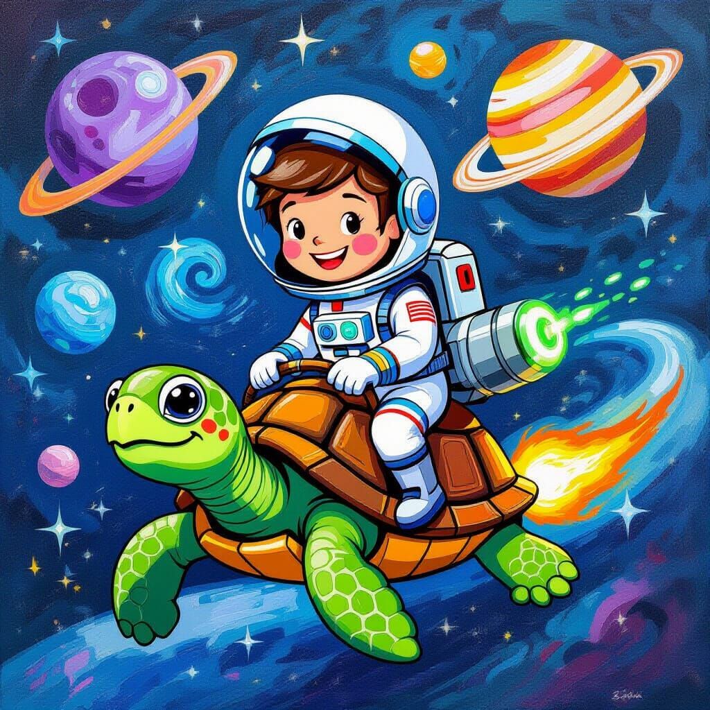 Astronaut Rides Glowing Turtle Through Fantastical Space