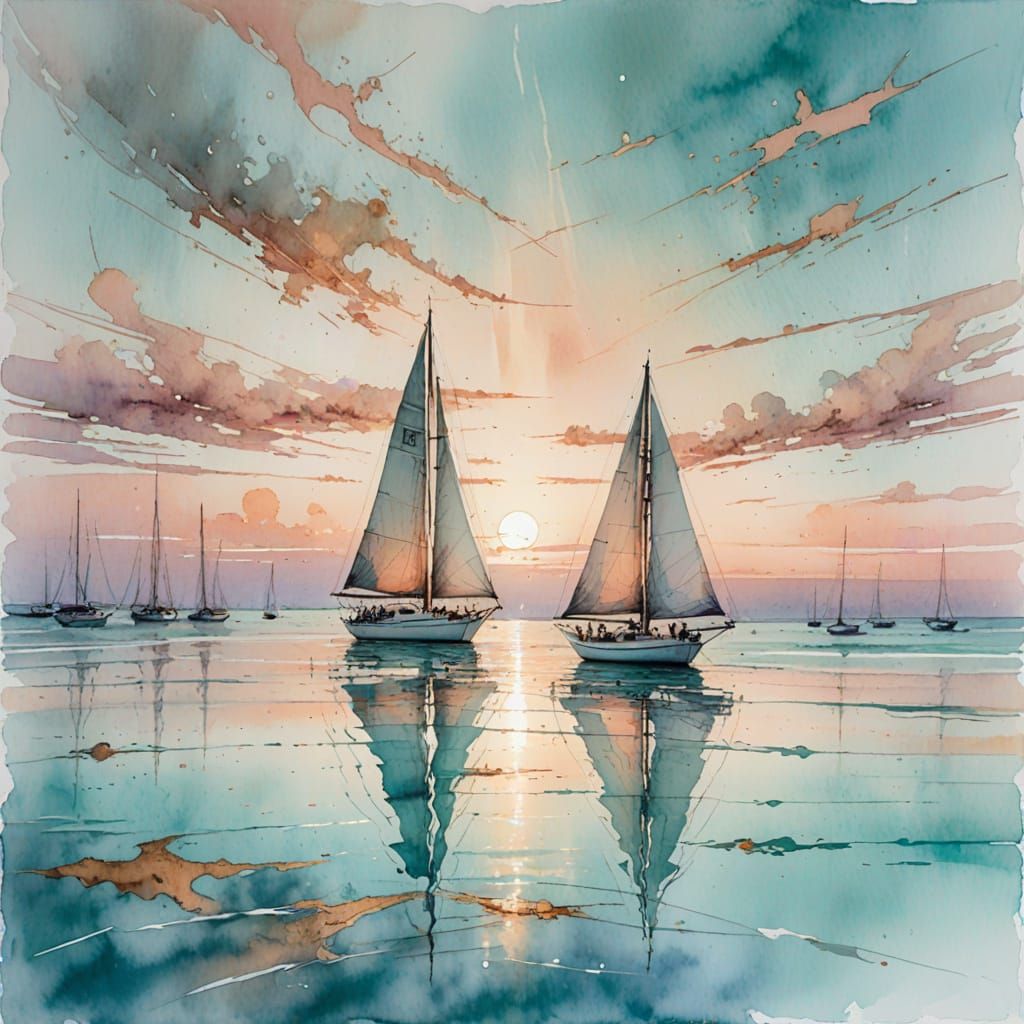 Sailboat in Soft Morning Light, Fine-Tuned Watercolour Style