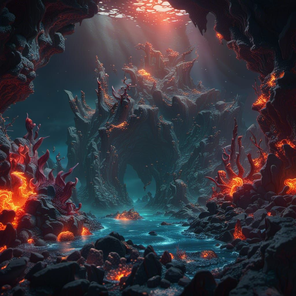 Mermaid King in Underwater Lava: Detailed Fantasy Art