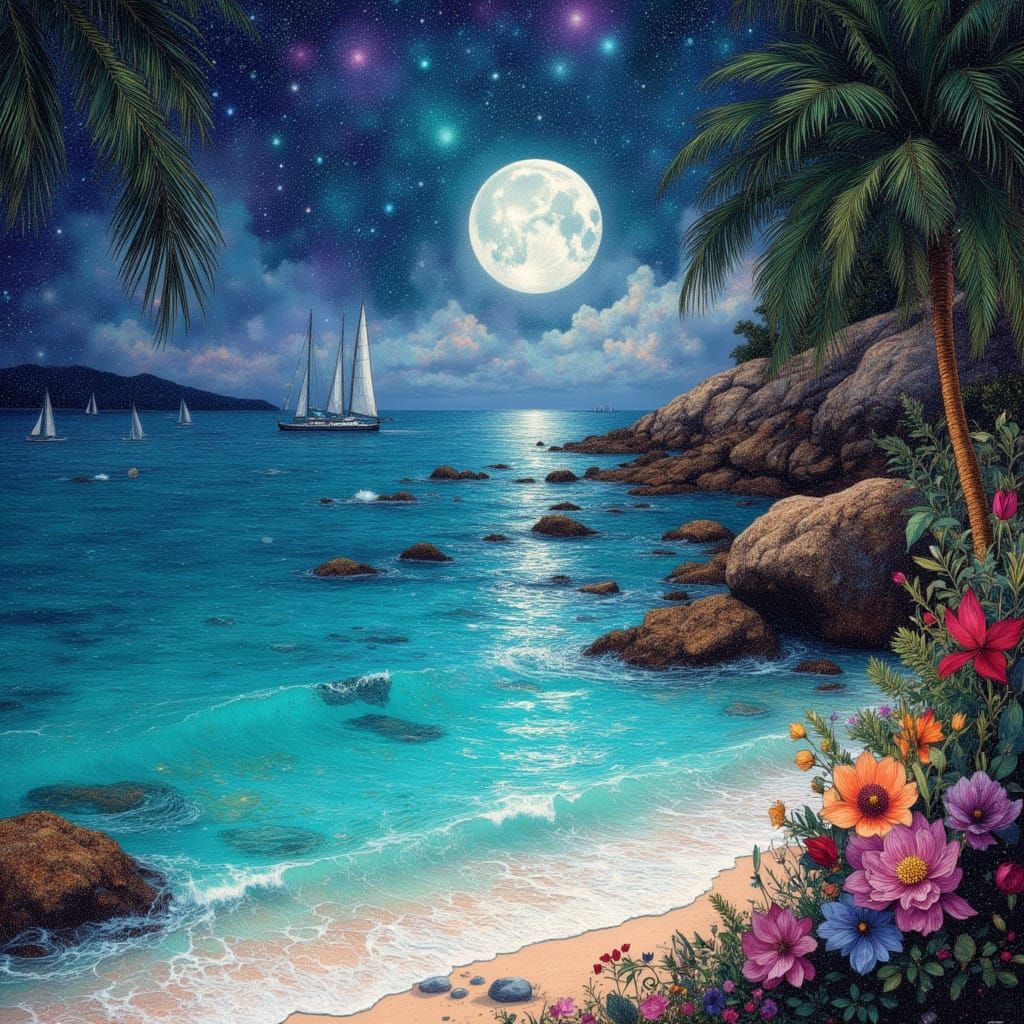 Tropical Beach Cove Under Moonlight in Mixed Media Style