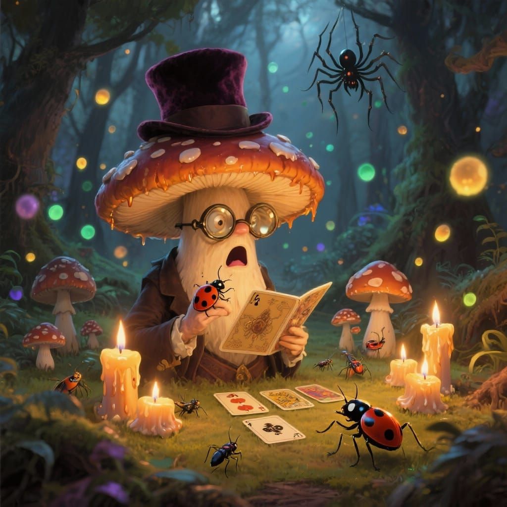 Mushroom Fortune-Teller with Insects in Surreal Forest