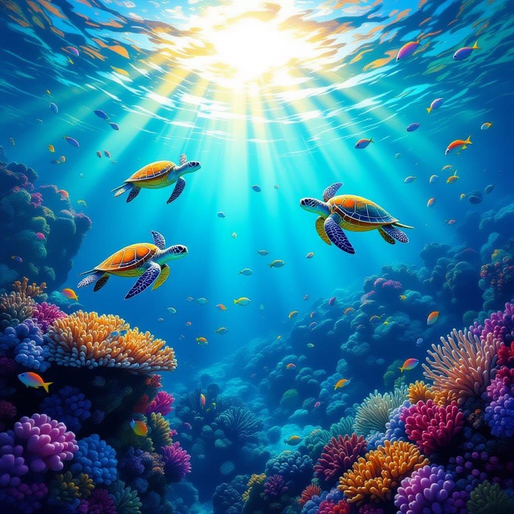 Vibrant Coral Reef Scene with Sea Turtles and Fish